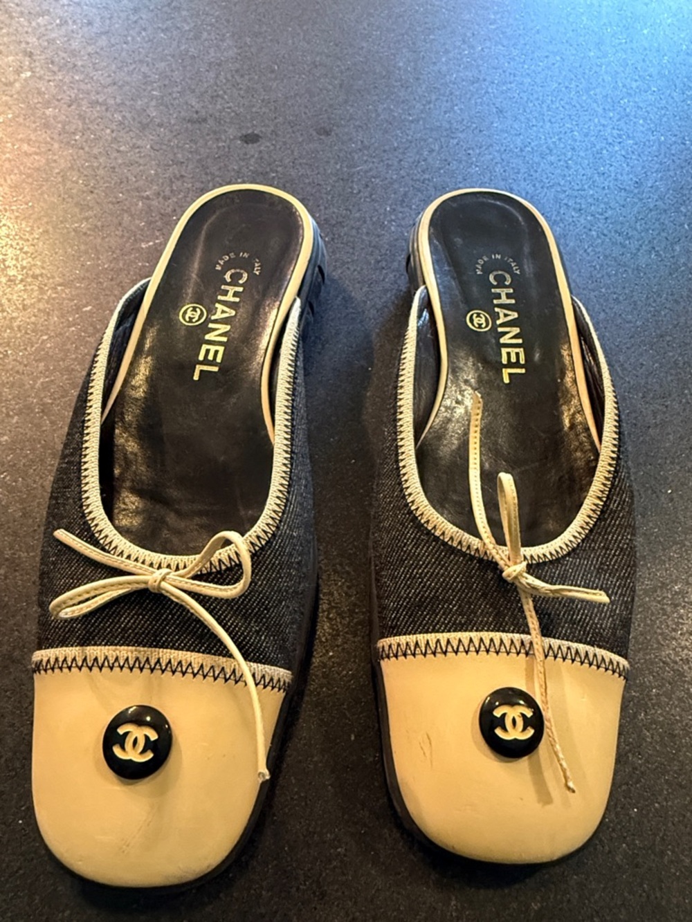 CHANEL Black and Cream Tweed Slip-On Ballet Mules with CC Medallion